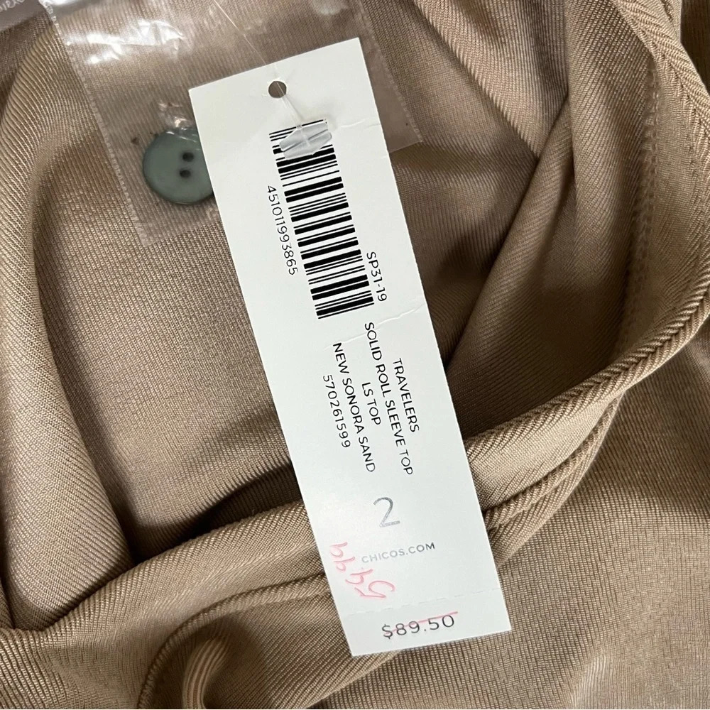 Chicos NWT Travelers Sand V-Neck Long Roll Tab Sleeve Slinky Top Size 2 (12-14) - Picture 12 of 14